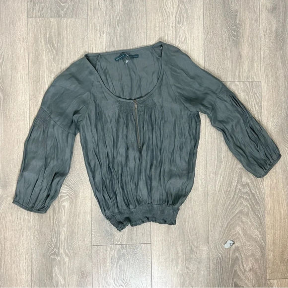 Zara Smocked Peasant Blouse Top Cropped Dark Grey Zip Size  Medium - Picture 6 of 14